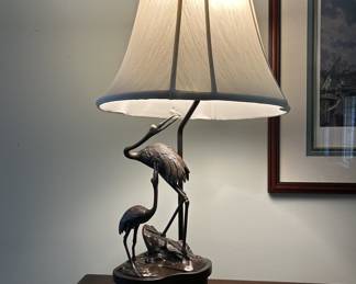 Bronze crane sculpture table lamp, bell-shaped fabric shade