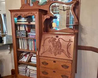 Antique Oak Secretary Bookcase with Carved Art Nouveau Details