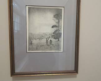 Framed etching "The Hunt," fox hunting scene, gold frame, signed print