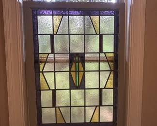 Antique leaded stained glass window, geometric diamond design, hanging chains