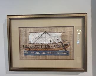 Framed Egyptian papyrus painting, sailing ship with rowers, gold frame
