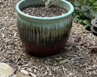 Glazed ceramic garden planter, green drip glaze, large