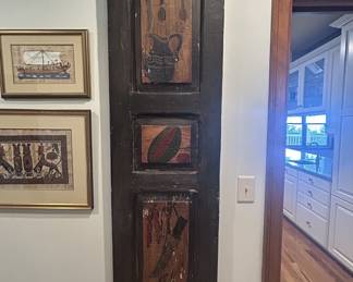 Antique wood panel, hand-painted Egyptian motifs, three sections