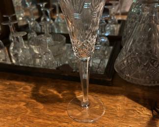 Crystal champagne flute, cut glass pattern, elegant tall stem