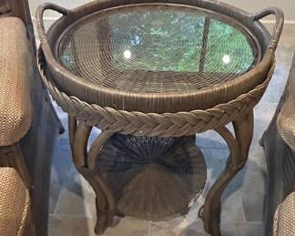 Wicker rattan side table, glass top, tray handles