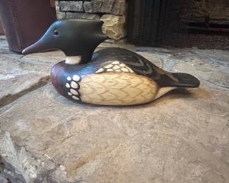 Hand-carved wooden decorative duck decoy, painted merganser design