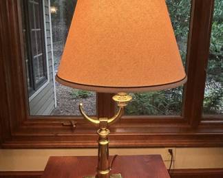Brass table lamp, cone shade, scroll arm design
