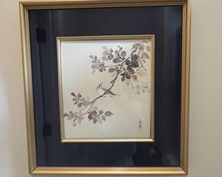 Japanese watercolor painting, bird on blossom branch, signed, framed