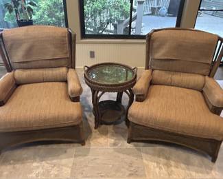 Rattan armchairs with glass-top side table, 3-piece set
