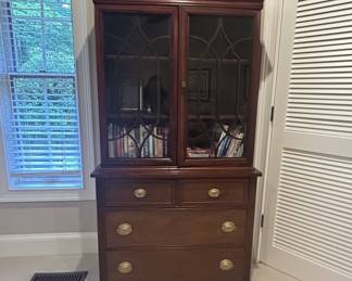 Mahogany bookcase cabinet, glass doors, 4 drawers, brass pulls