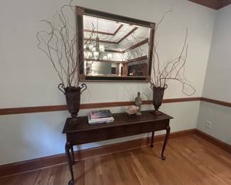 Console table, gilt mirror, curly willow branch vases, terracotta warrior statue
