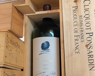 Empty wine bottle in a unique wine crate
