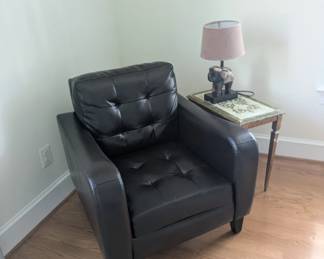 Leather easy chair also end table and lamp