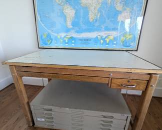 Drafters table Storage drawers and Large Wall map for sale
