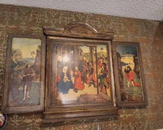 Vintage 3 Panel Triptychartin Wooden Frame Display