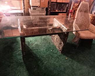 Custom Made Egyptian Brutalist Glass Top Table With Custom High Back Chairs