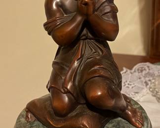 After Emile Pinedo (Fr., 1840-1916), Bronze Sculpture of Praying Girl on green marble base