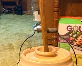 Monmouth Pottery butter churn crock, identified by the number "4" indicating its 4-gallon capacity