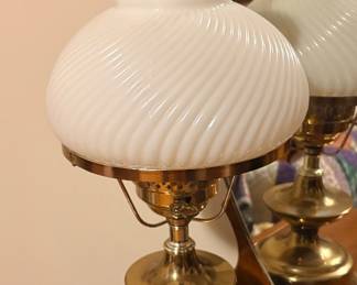 Set of 2 & matching floor lamp a vintage Aladdin brass mantle oil lamp paired with a striking white swirled milk glass shade