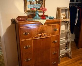 1930s Art Deco waterfall dresser, likely made of walnut with ornate pulls