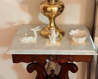vintage electrified lamp, Rayo center-draft model featuring a brass base and a frosted glass shade