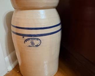 Marshall Pottery butter churn is a 5-gallon stoneware crock featuring classic cobalt blue stripes and the Marshall, Texas stamp