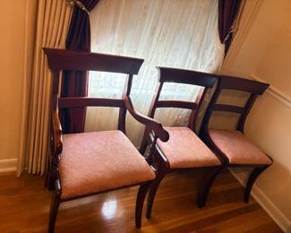 Regency-style dining chairs feature recent pink upholstery set of 5