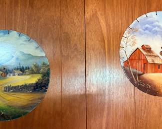 Large, medium, and small hand painted saw blades by the talented homeowner!!