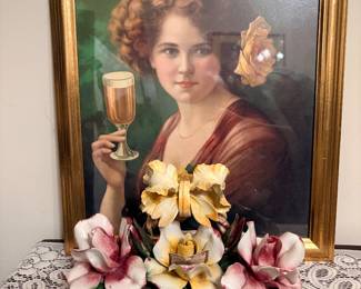 Nuova Capodimonte pink and yellow roses porcelain bouquet, featuring hand-painted floral arrangements mounted on a porcelain branch base, & vintage framed advertising lithograph 