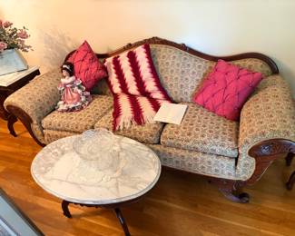 Hearn's Victorian style sofa & marble top coffee table 