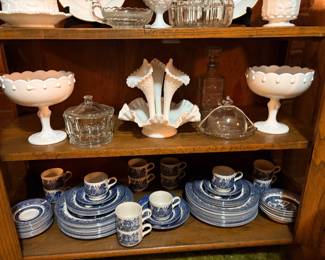 Blue Willow, milk glass, clear glass 