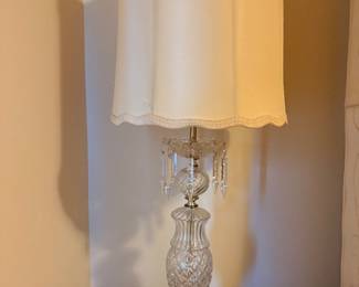 vintage etched glass lamp features 10 spear prisms and a matching cream-colored silk shade