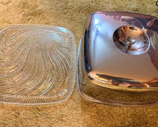 vintage Kromex cake server features a polished chrome square dome lid paired with a clear glass tray