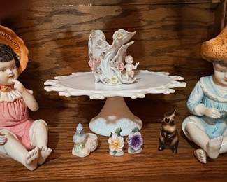 Milk glass cake stand, set of vintage piano babies 