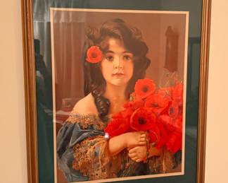 framed art print features a portrait of a Victorian girl holding red poppies and is commonly attributed to Belgian painter Adolph Alexander Dillens