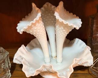 Fenton Milk Glass Epergne in the Diamond Lace Hobnail pattern, featuring a ruffled-edge serving dish and three horn vases