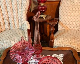 Swung vase, antique pink depression ash tray, bud vase