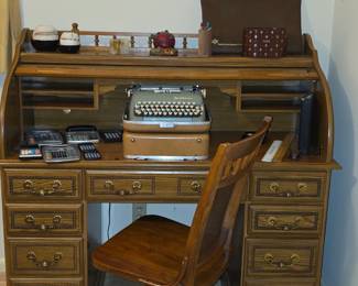 Roll top desk and wood desk chair