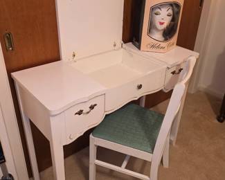 Vanity table with chair, vintage wig