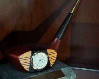 Golf club head desk clock and pen holder