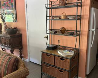 Rattan and Iron Baker's Rack with 4 drawers