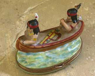 LIMOGES Porcelain Native Indians Canoe Box