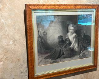 Antique Girl with Puppies Print in Antique Frame