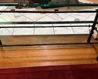 Wrought iron glass top console table in the Giacometti Style