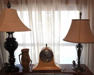 1920's ANTIQUE TABLE LAMPS, ROSEVILLE POTTERY VASE & RARE SETH THOMAS MANTLE CLOCK