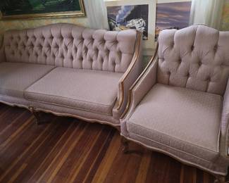 1960's MCM TUFTED FRUITWOOD SOFA & CHAIR