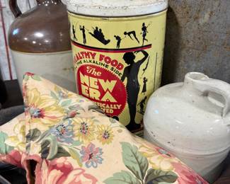 New Era vintage Deco tin and several old jugs
