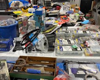 A view of the tool area with cabinets shown in the background