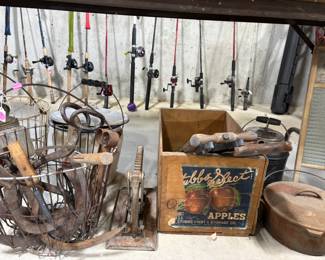 Egg basket, old crate, iron pots and more.