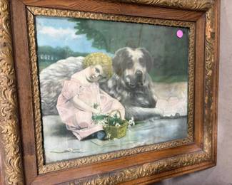 Nice old framed print of child with dog